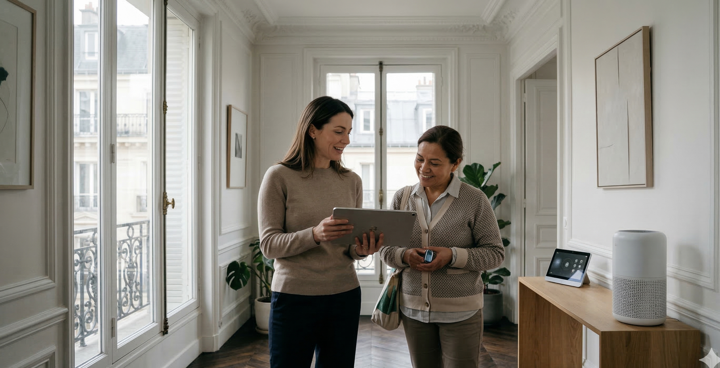 Parent and nanny reviewing the monthly report on a tablet