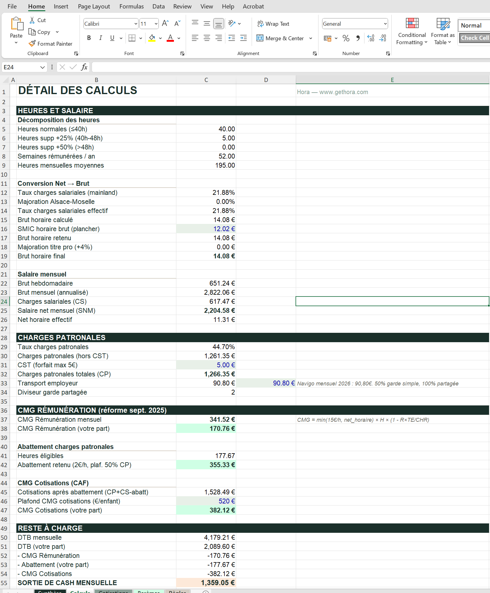 Onglet Calculs — détail pas à pas : heures, conversion net/brut, salaire mensualisé, charges, CMG, abattement