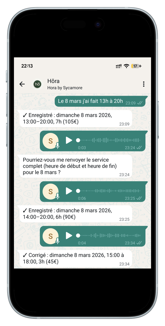 WhatsApp conversation showing nanny declaring hours via text and voice note